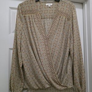 Patterned V-Neck Wrap Blouse